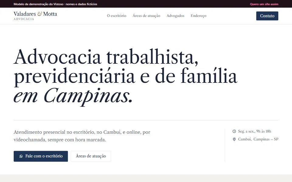 Site-modelo da Valadares & Motta Advocacia aberto no computador, com o título Advocacia trabalhista, previdenciária e de família em Campinas.
