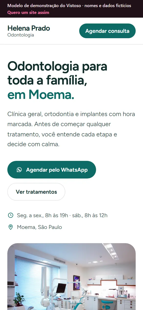 Modelo de demonstração Helena Prado Odontologia visto no celular.